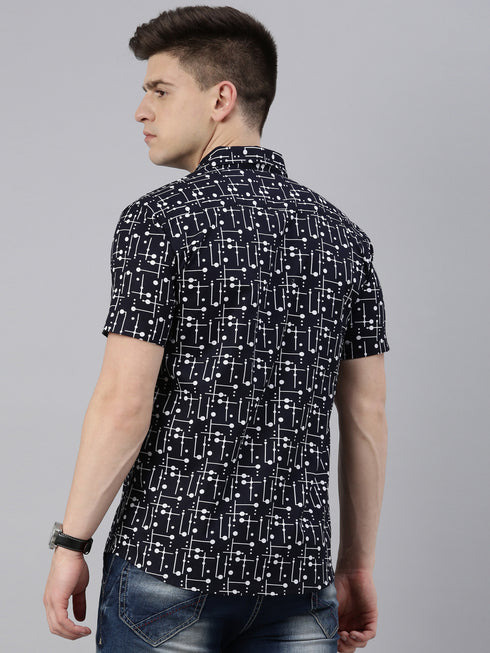 Navy Blue Printed Short Sleeves Shirt